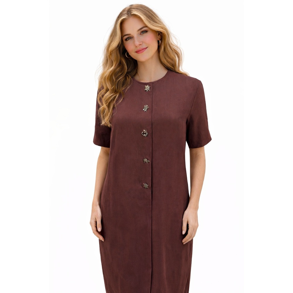 Evan-Picone Shift Dress Womens 8 Brown Excellent Linen‎ Blend Novelty Buttons